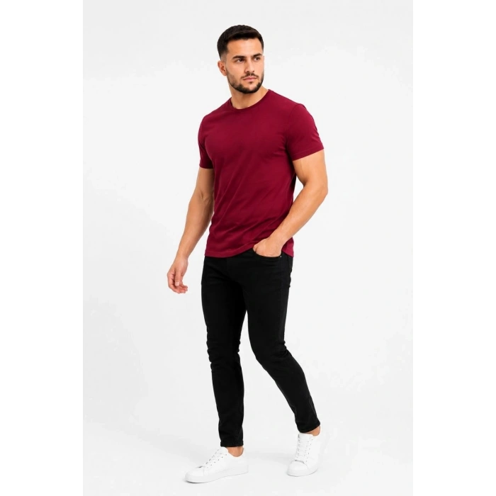 Erkek Basic Tişört Bisiklet Yaka Kısa Kol Günlük Yazlık Slim fit T-Shirt - Bordo