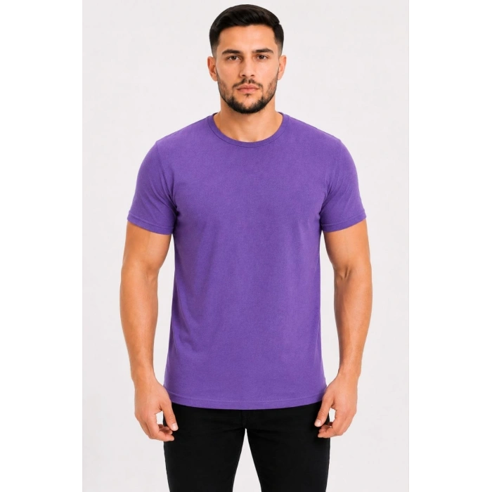 Erkek Basic Tişört Bisiklet Yaka Kısa Kol Günlük Yazlık Slim fit T-Shirt - Mor