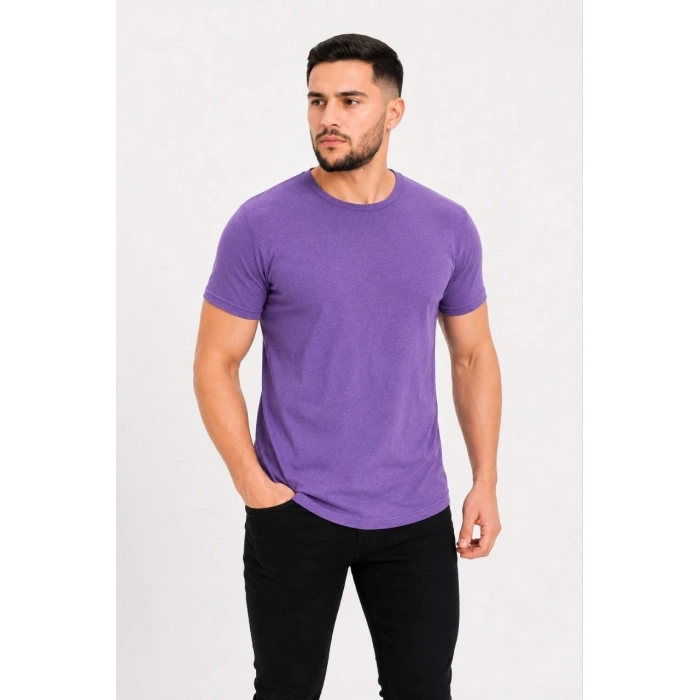 Erkek Basic Tişört Bisiklet Yaka Kısa Kol Günlük Yazlık Slim fit T-Shirt - Mor