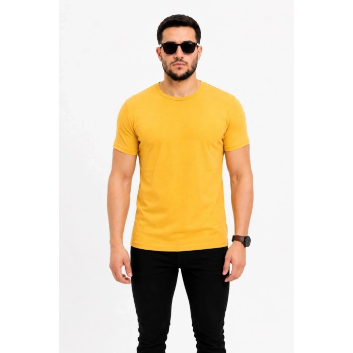 Erkek Basic Tişört Bisiklet Yaka Kısa Kol Günlük Yazlık Slim fit T-Shirt - Sarı