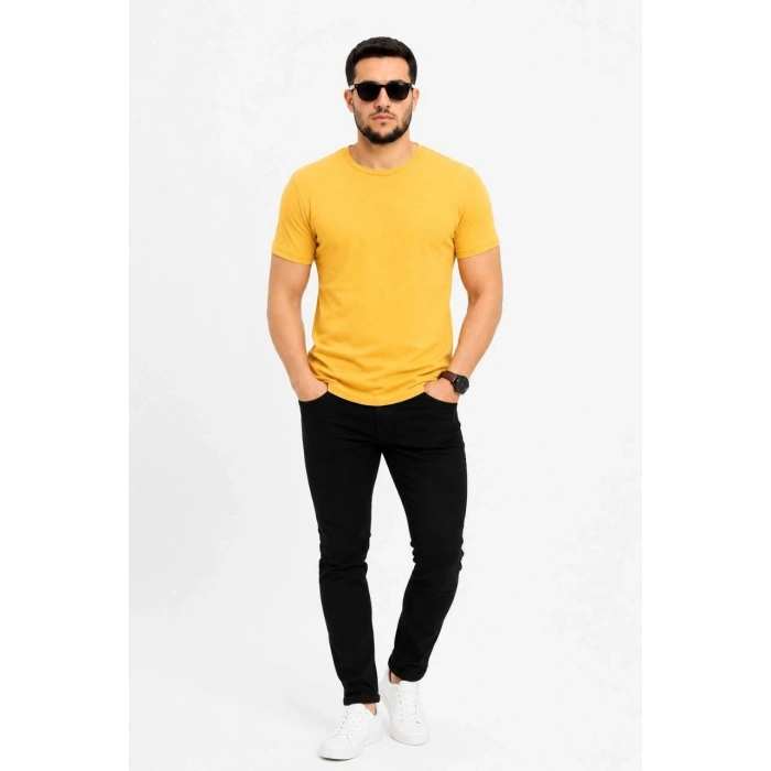 Erkek Basic Tişört Bisiklet Yaka Kısa Kol Günlük Yazlık Slim fit T-Shirt - Sarı