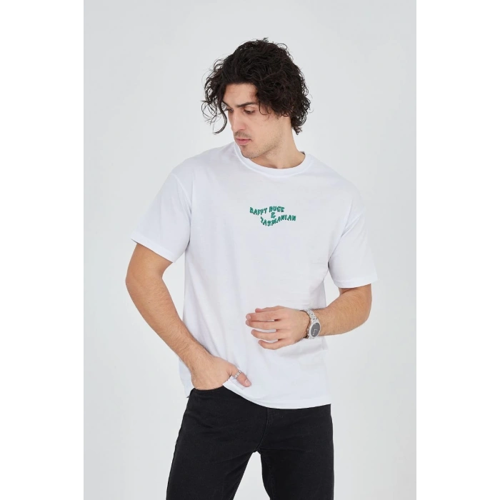 Erkek Baskılı T-Shirt Kısa Kol Bisiklet Yaka Regular Fit Rahat Kalıp Günlük Tişört - Beyaz