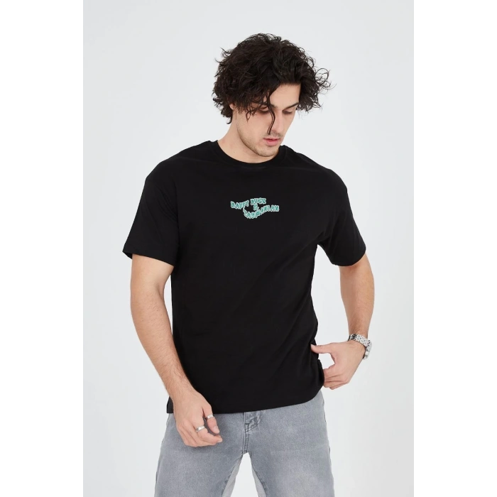 Erkek Baskılı 24/1 Penye T-Shirt - Siyah