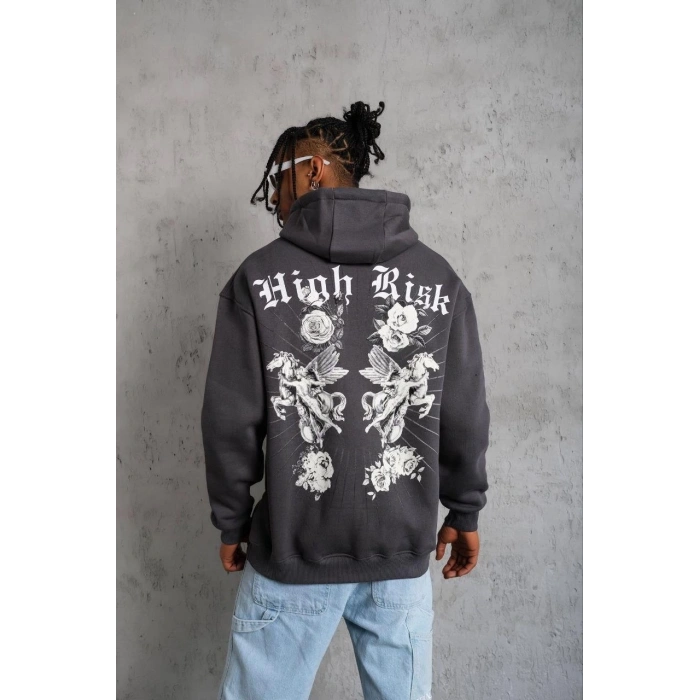 Erkek Baskılı Kapşonlu Sweat - Füme