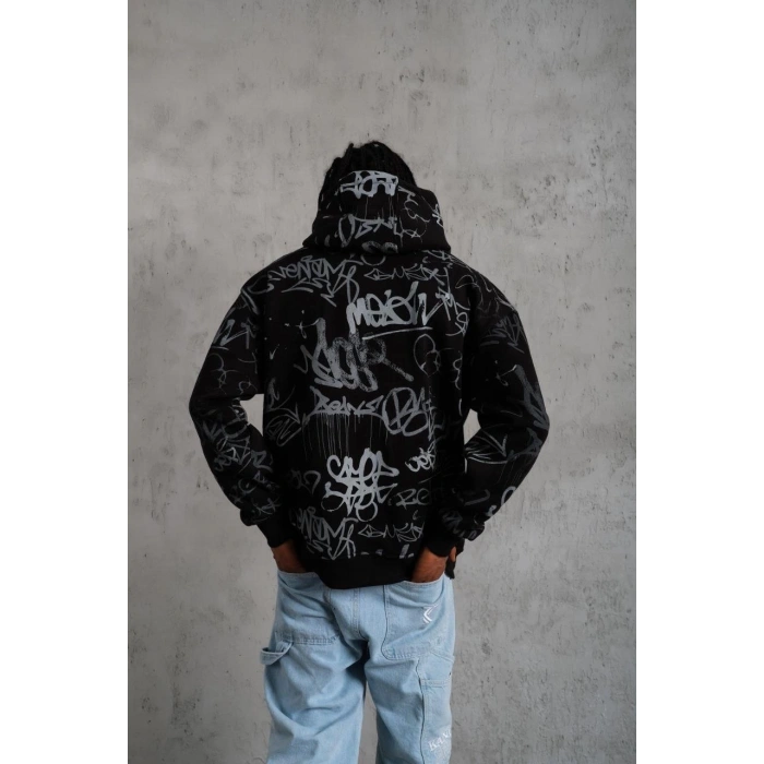 Erkek Baskılı Kapüşonlu Ribanalı Sweat - Siyah