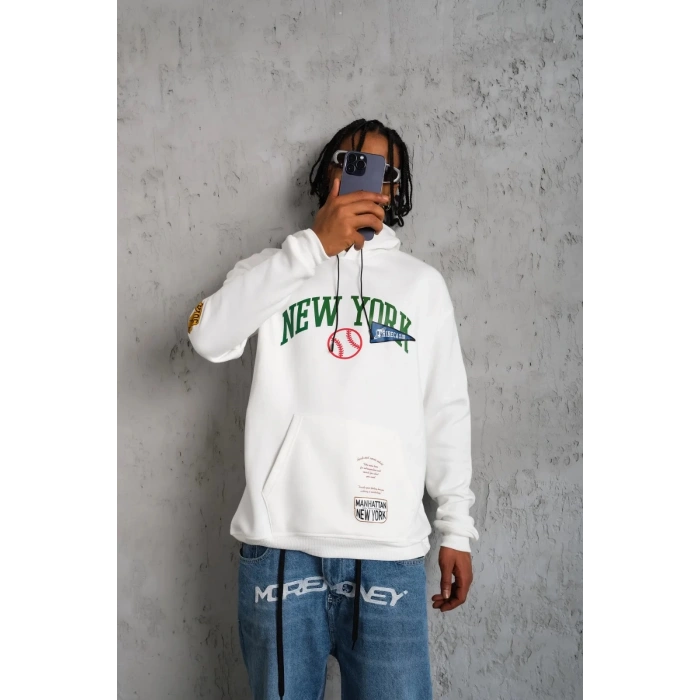 Erkek Baskılı Kapüşonlu Sweatshirt - Beyaz