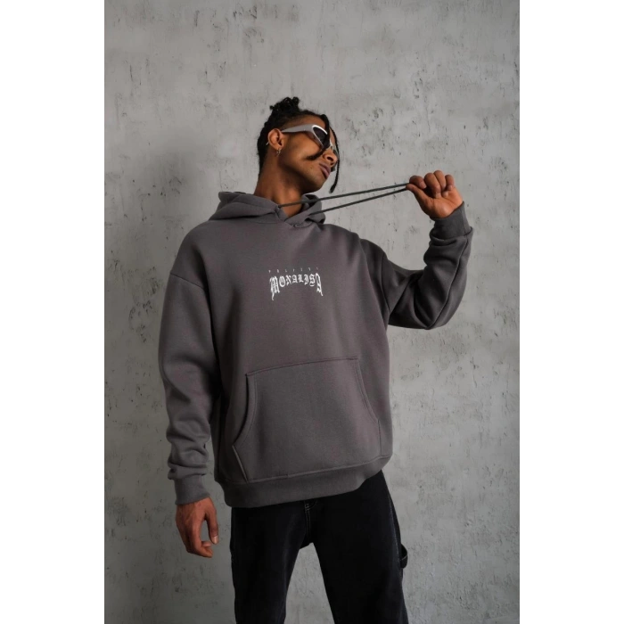 Erkek Baskılı Kapüşonlu ve Kanguru Cepli Sweat- Gri
