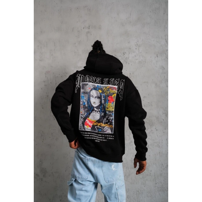 Erkek Baskılı Kapüşonlu ve Kanguru Cepli Sweat - Siyah