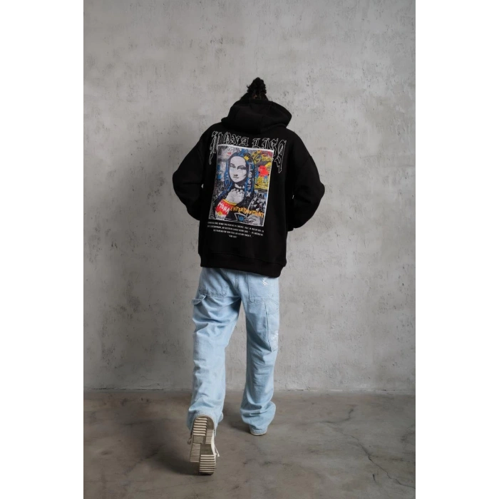 Erkek Baskılı Kapüşonlu ve Kanguru Cepli Sweat - Siyah