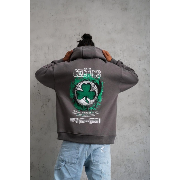 Erkek Baskılı Kapüşonlu ve Kordon İpli Sweat - Gri