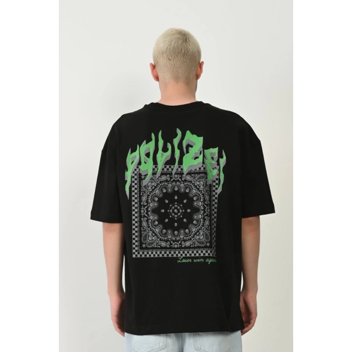 Erkek Baskılı T-Shirt Kısa Kol Bisiklet Yaka Rahat Kalıp Tişört  - Siyah