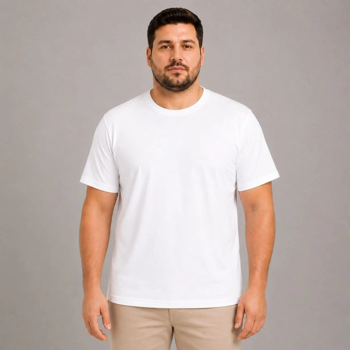 Erkek Battal Big Size Basic Tişört Bisiklet Yaka Rahat Kalıp T-Shirt - Beyaz