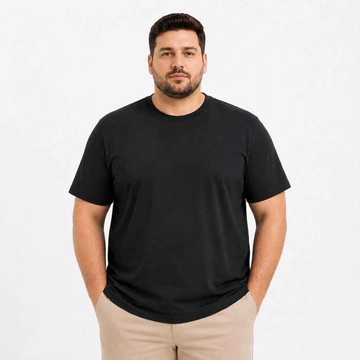 Erkek Battal Big Size Basic Tişört Bisiklet Yaka Rahat Kalıp T-Shirt - Siyah