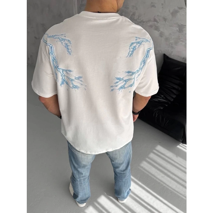 Erkek Yıldırım Şimşek Baskılı T-Shirt Kısa Kol Bisiklet Yaka Tişört - Beyaz