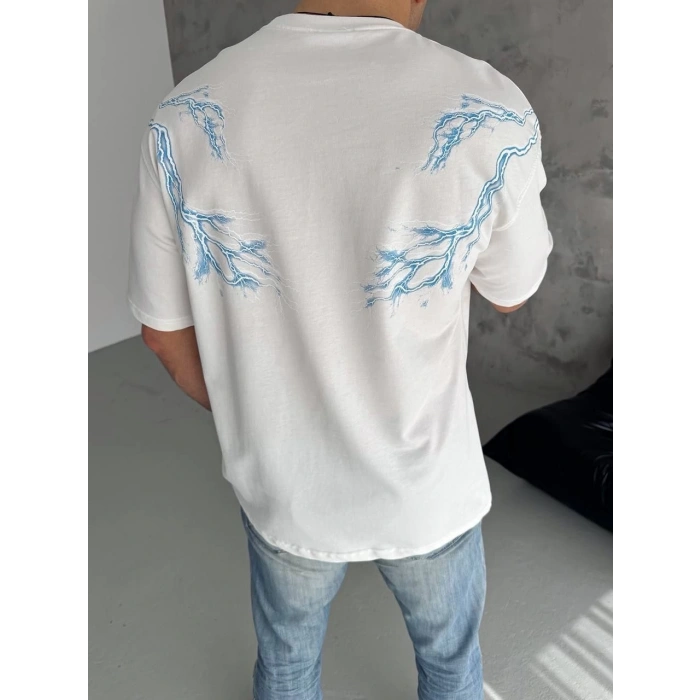 Erkek Yıldırım Şimşek Baskılı T-Shirt Kısa Kol Bisiklet Yaka Tişört - Beyaz