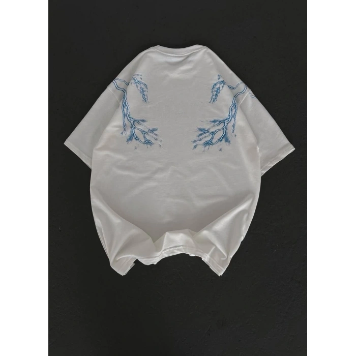 Erkek Yıldırım Şimşek Baskılı T-Shirt Kısa Kol Bisiklet Yaka Tişört - Beyaz