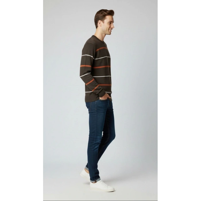 Erkek Bisiklet Yaka Cizgili Triko Kazak yumuşak dokulu Pamuklu ince Dokuma, uzun kollu Rahat Regular kalıp - Koyu Kahverengi