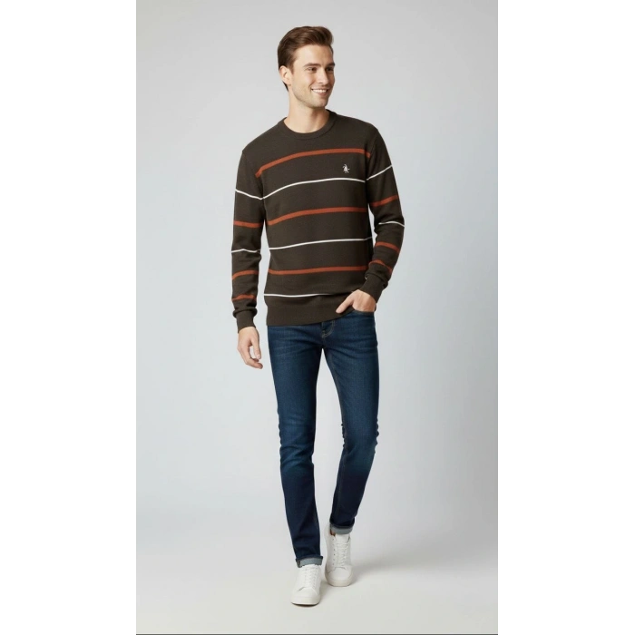 Erkek Bisiklet Yaka Cizgili Triko Kazak yumuşak dokulu Pamuklu ince Dokuma, uzun kollu Rahat Regular kalıp - Koyu Kahverengi