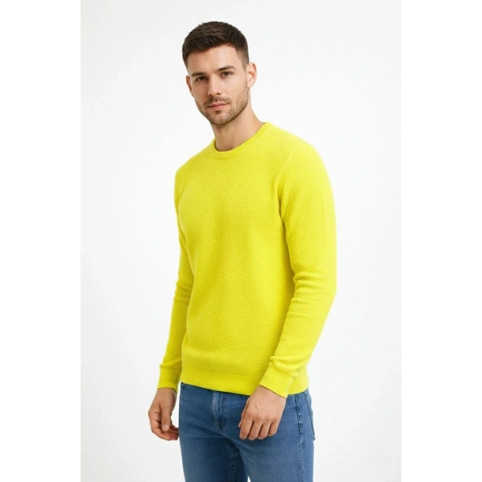 Erkek Bisiklet Yaka Petekli dokulu Triko Kazak Pamuklu ince Dokuma, uzun kollu Rahat Regular kalıp - Sarı