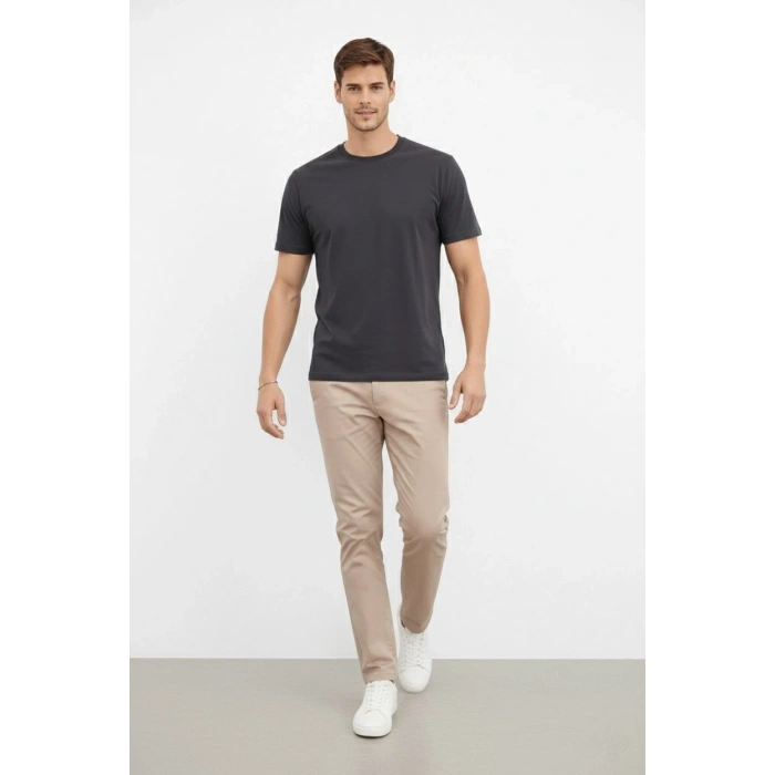 Erkek Bisiklet Yaka Tişört Regular Kalıp Basic Pamuklu  T-shirt - Füme