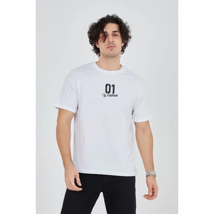 Erkek Baskılı T-Shirt Kısa Kol Bisiklet Yaka Regular Fit Rahat Kalıp Günlük Tişört - Beyaz