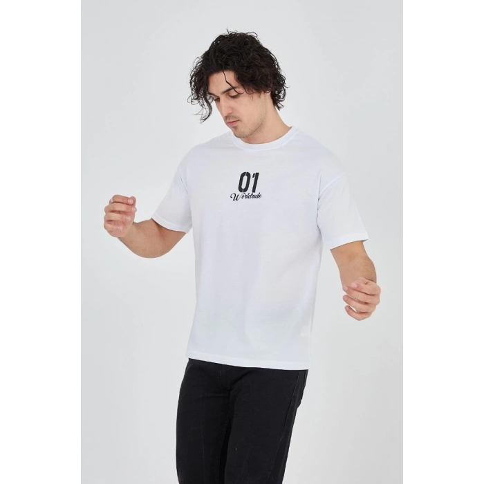 Erkek Baskılı T-Shirt Kısa Kol Bisiklet Yaka Regular Fit Rahat Kalıp Günlük Tişört - Beyaz