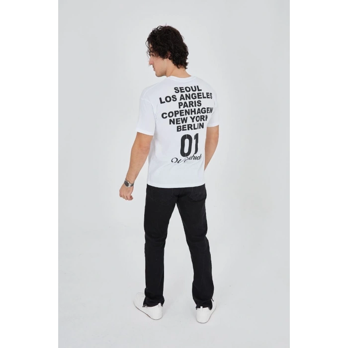 Erkek Baskılı T-Shirt Kısa Kol Bisiklet Yaka Regular Fit Rahat Kalıp Günlük Tişört - Beyaz