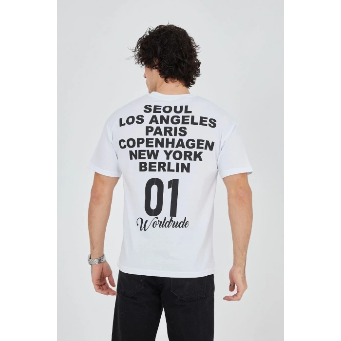 Erkek Baskılı T-Shirt Kısa Kol Bisiklet Yaka Regular Fit Rahat Kalıp Günlük Tişört - Beyaz