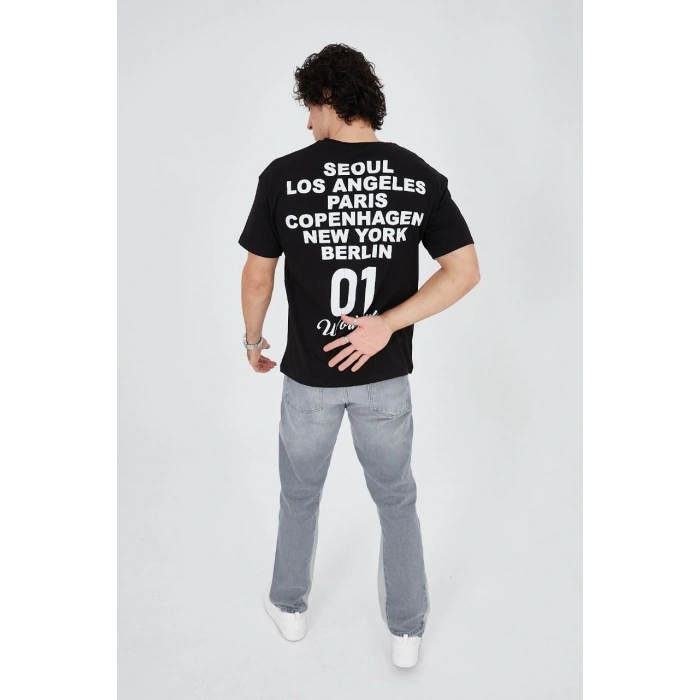 Erkek Baskılı T-Shirt Kısa Kol Bisiklet Yaka Regular Fit Rahat Kalıp Günlük Tişört - Siyah