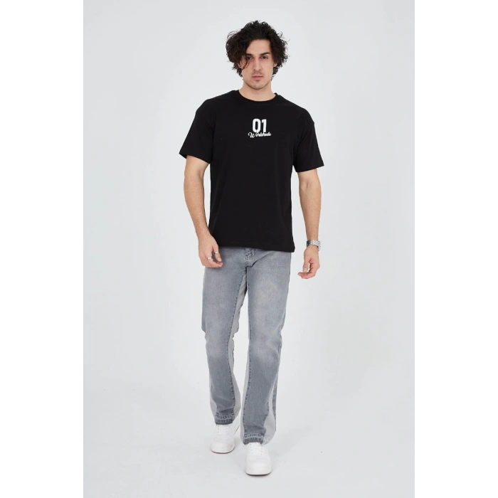 Erkek Baskılı T-Shirt Kısa Kol Bisiklet Yaka Regular Fit Rahat Kalıp Günlük Tişört - Siyah