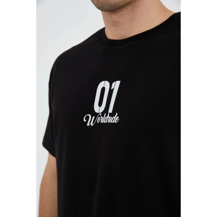 Erkek Baskılı T-Shirt Kısa Kol Bisiklet Yaka Regular Fit Rahat Kalıp Günlük Tişört - Siyah