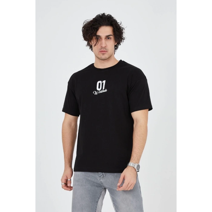 Erkek Baskılı T-Shirt Kısa Kol Bisiklet Yaka Regular Fit Rahat Kalıp Günlük Tişört - Siyah