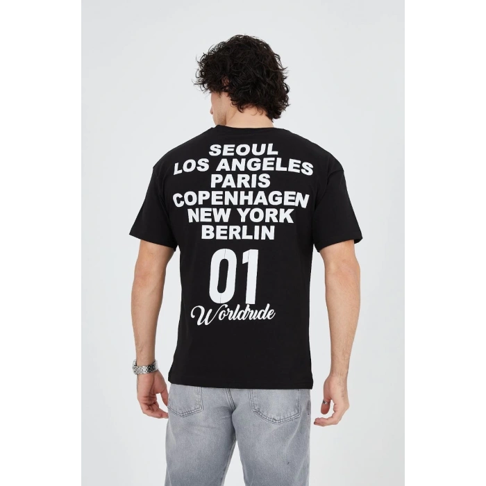 Erkek Baskılı T-Shirt Kısa Kol Bisiklet Yaka Regular Fit Rahat Kalıp Günlük Tişört - Siyah