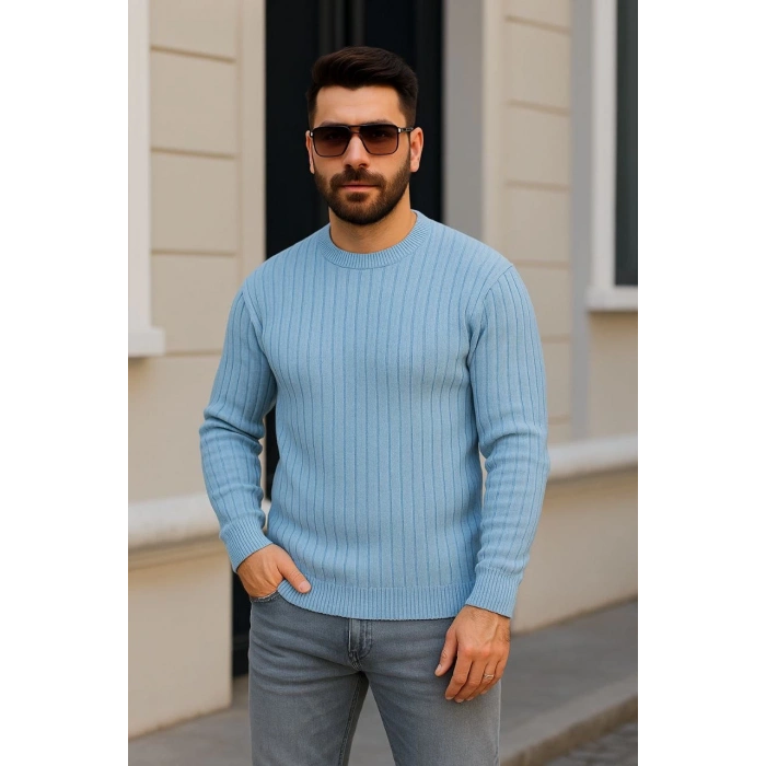 Erkek Bisiklet Yuvarlak Yaka Triko Kazak Pamuklu Kalın Fitilli Dokuma, Regular Fit Uzun Kollu Kışlık Model - Bebe Mavisi