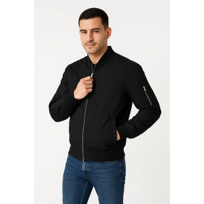 Erkek Bomber Mont Ceket – Fermuarlı, Kapitone İçi Astarlı, Su İtici Kumaş, Regular Fit, Uzun Kollu, Yandan Cepli, Bahar & Kış Rahat Günlük Stil - Siyah