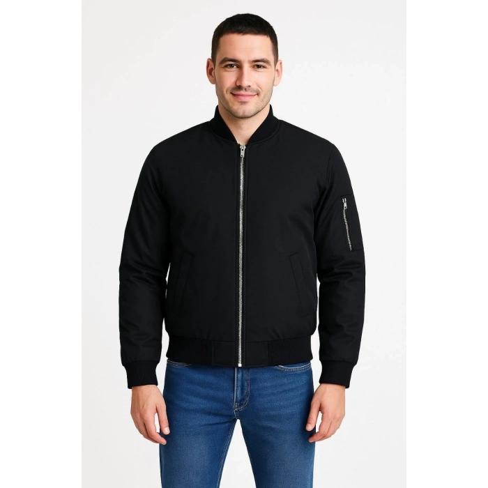 Erkek Bomber Mont Ceket – Fermuarlı, Kapitone İçi Astarlı, Su İtici Kumaş, Regular Fit, Uzun Kollu, Yandan Cepli, Bahar & Kış Rahat Günlük Stil - Siyah