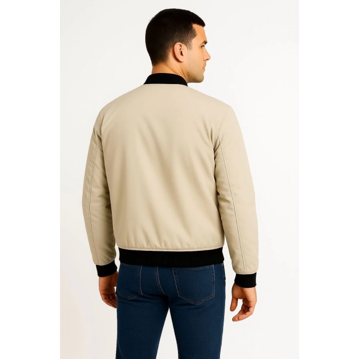 Erkek Bomber Mont Ceket – Fermuarlı, Kapitone İçi Astarlı, Su İtici Kumaş, Regular Fit, Uzun Kollu, Yandan Cepli, Bahar & Kış Rahat Günlük Stil - Bej