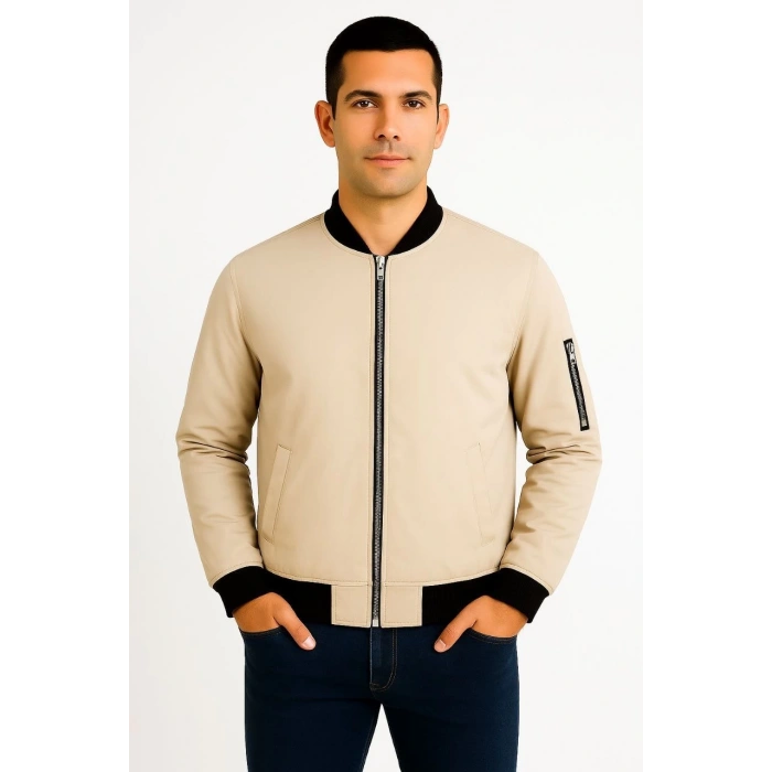Erkek Bomber Mont Ceket – Fermuarlı, Kapitone İçi Astarlı, Su İtici Kumaş, Regular Fit, Uzun Kollu, Yandan Cepli, Bahar & Kış Rahat Günlük Stil - Bej