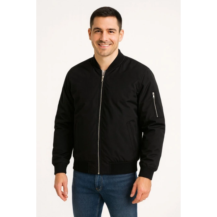 Erkek Bomber Mont Ceket – Fermuarlı, Kapitone İçi Astarlı, Su İtici Kumaş, Regular Fit, Uzun Kollu, Yandan Cepli, Bahar & Kış Rahat Günlük Stil - Siyah