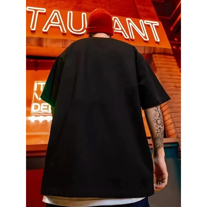 erkek büyük beden Kart baskılı düz renk kısa kollu bisiklet yaka tişört gündelik giyim - Siyah