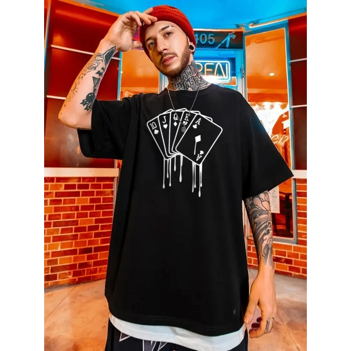 erkek büyük beden Kart baskılı düz renk kısa kollu bisiklet yaka tişört gündelik giyim - Siyah