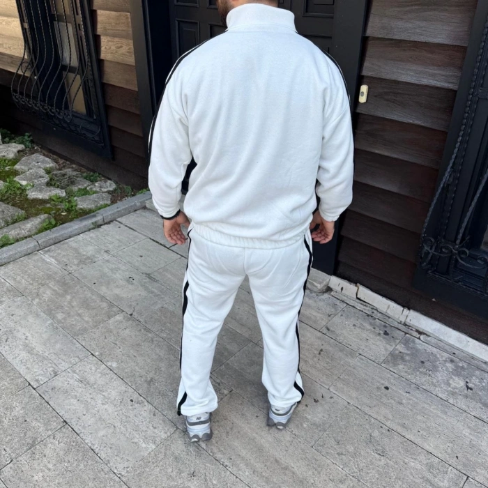Erkek Çift Şeritli Eşofman Takım Dik Yaka Fermuarlı Sweatshirt Boru Paça Alt, Oversize 3 iplik Pamuklu - Beyaz