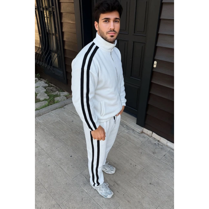 Erkek Çift Şeritli Eşofman Takım Dik Yaka Fermuarlı Sweatshirt Boru Paça Alt, Oversize 3 iplik Pamuklu - Beyaz