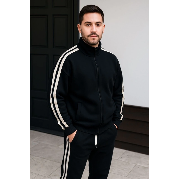 Erkek Çift Şeritli Eşofman Takım Dik Yaka Fermuarlı Sweatshirt Boru Paça Alt, Oversize 3 iplik Pamuklu - Siyah