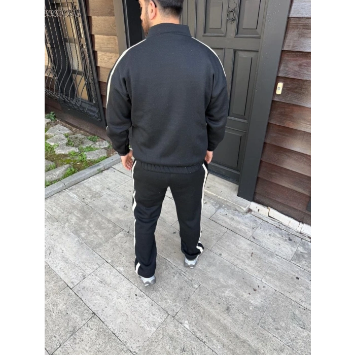 Erkek Çift Şeritli Eşofman Takım Dik Yaka Fermuarlı Sweatshirt Boru Paça Alt, Oversize 3 iplik Pamuklu - Siyah