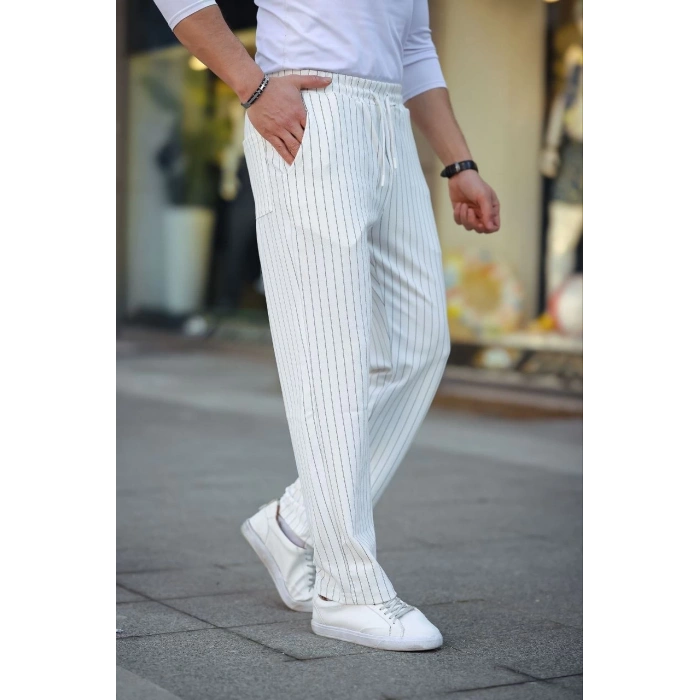 Erkek Cizgili Dokuma Krep Jogger Buggy Pantalon Rahat kalıp - Beyaz