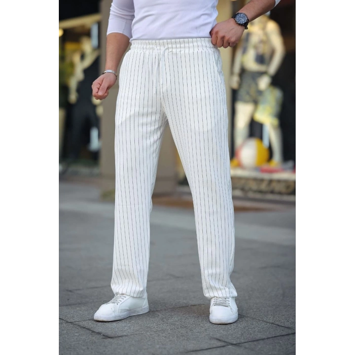 Erkek Cizgili Dokuma Krep Jogger Buggy Pantalon Rahat kalıp - Beyaz