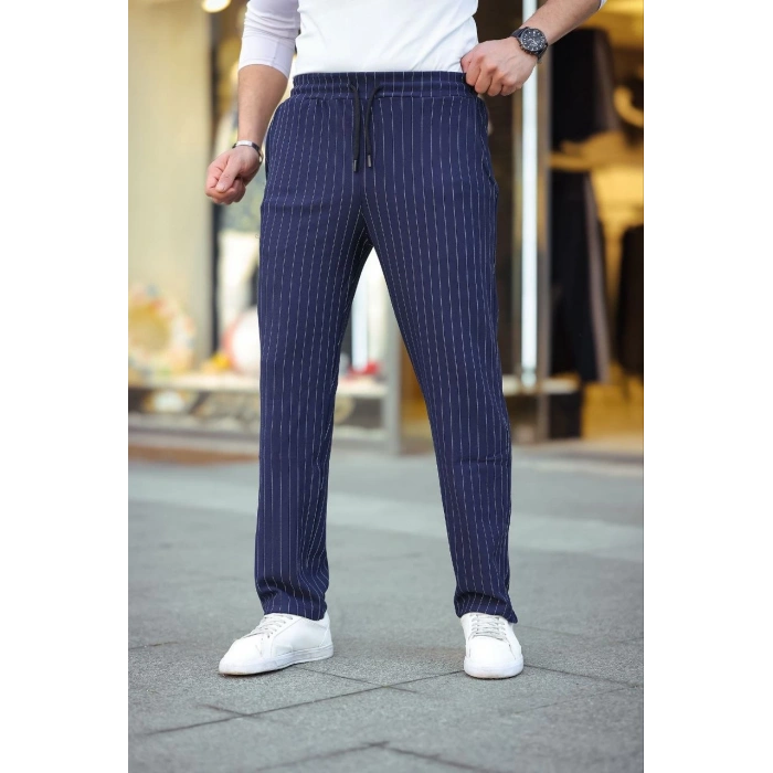 Erkek Cizgili Dokuma Krep Jogger Buggy Pantalon Rahat kalıp - Lacivert