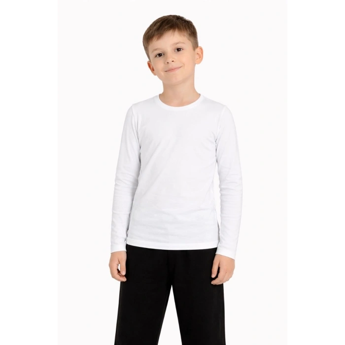 Erkek Çocuk Basic Uzun Kollu Tişört Okul Günlük Rahat T-Shirt - Beyaz