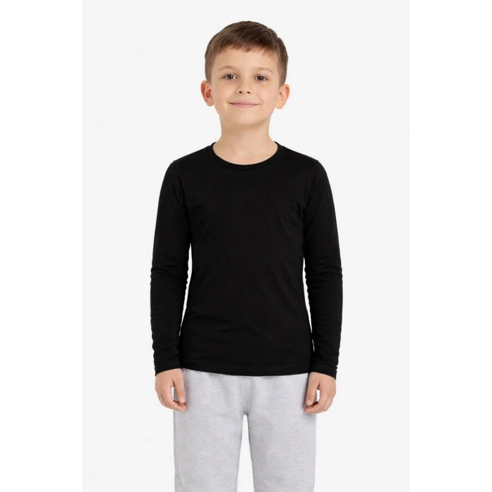 Erkek Çocuk Basic Uzun Kollu Tişört Okul Günlük Rahat T-Shirt - Siyah